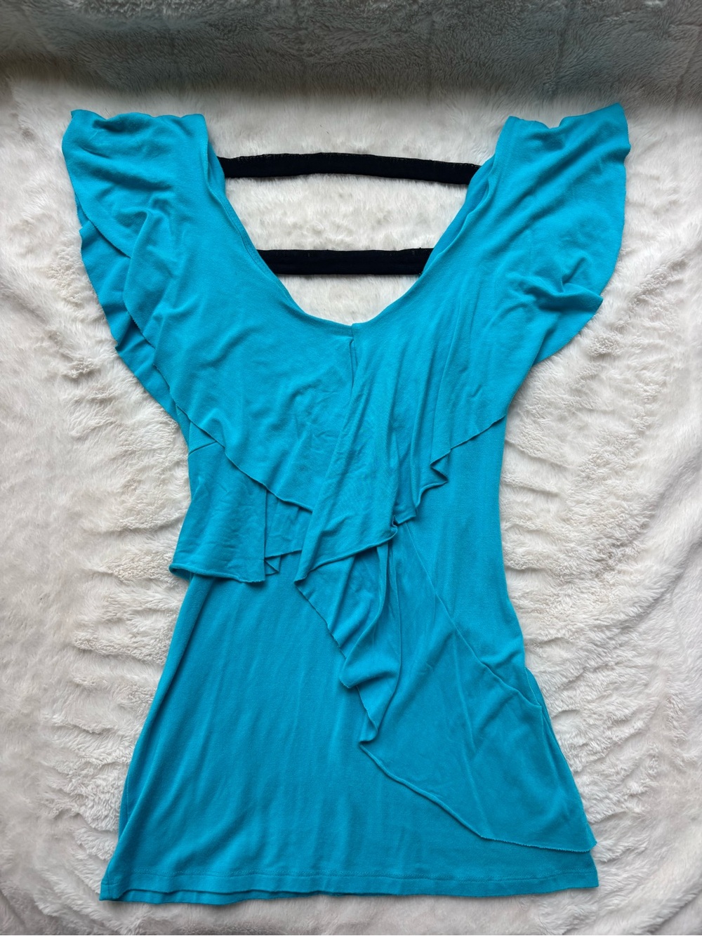 bebe Teal Ruffle V-Neck Top with Black Back Straps